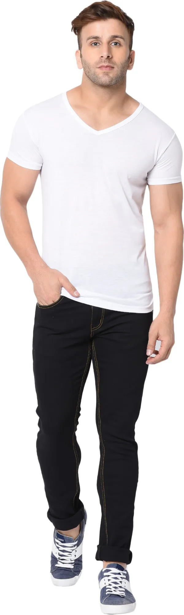 White_Cotton_Solid_V_Neck_Regukar_Fit_T-Shirt_For_Men