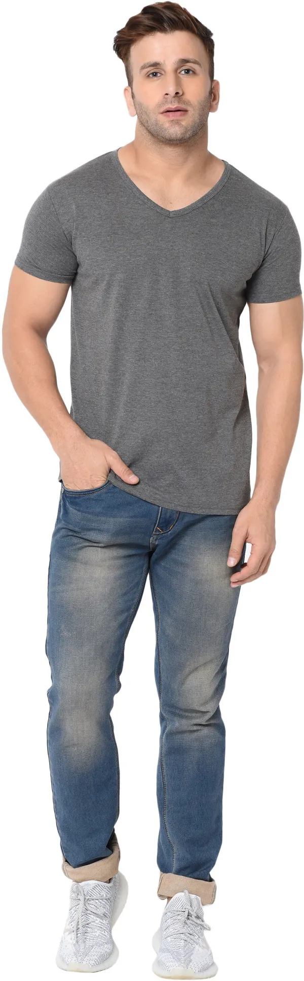 Grey_Cotton_Solid_V_Neck_Regukar_Fit_T-Shirt_For_Men