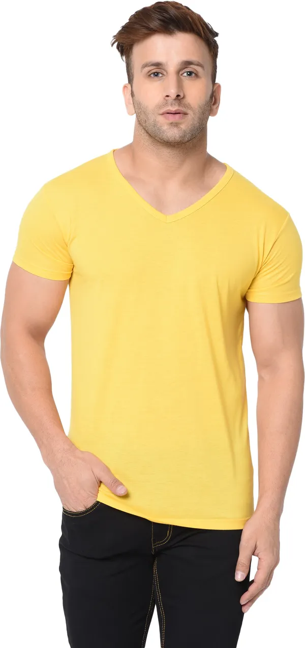 Yellow_Cotton_Solid_V_Neck_Regukar_Fit_T-Shirt_For_Men