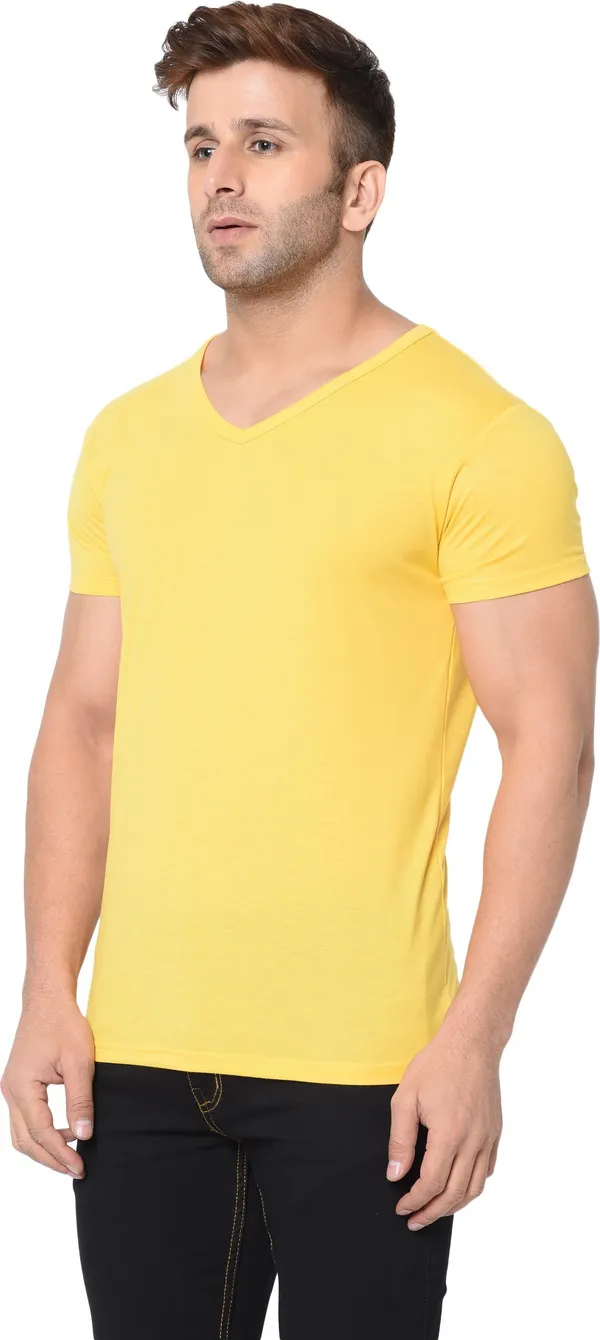 Yellow_Cotton_Solid_V_Neck_Regukar_Fit_T-Shirt_For_Men
