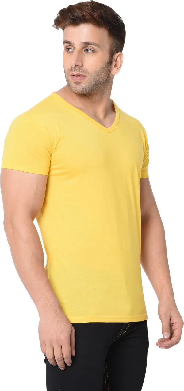 Yellow_Cotton_Solid_V_Neck_Regukar_Fit_T-Shirt_For_Men