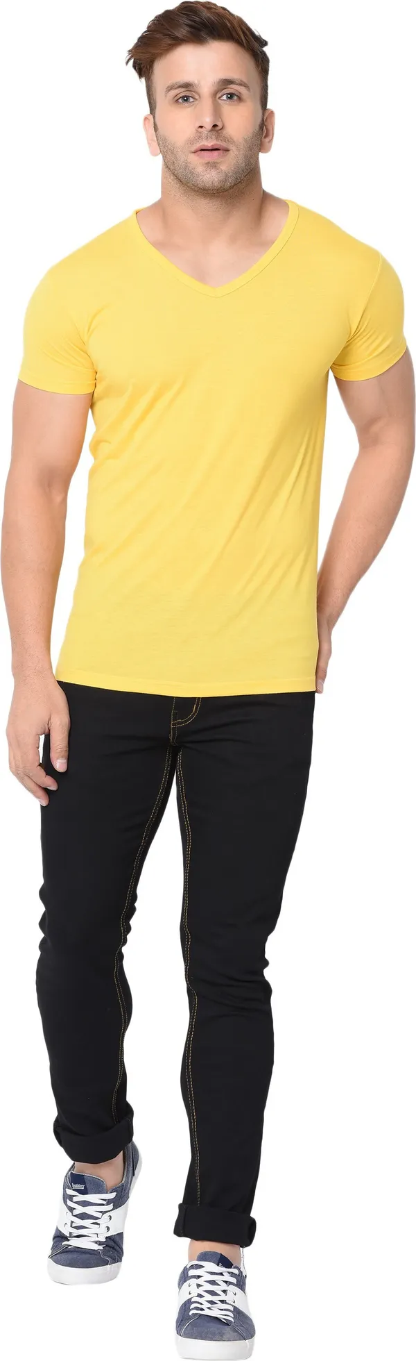 Yellow_Cotton_Solid_V_Neck_Regukar_Fit_T-Shirt_For_Men