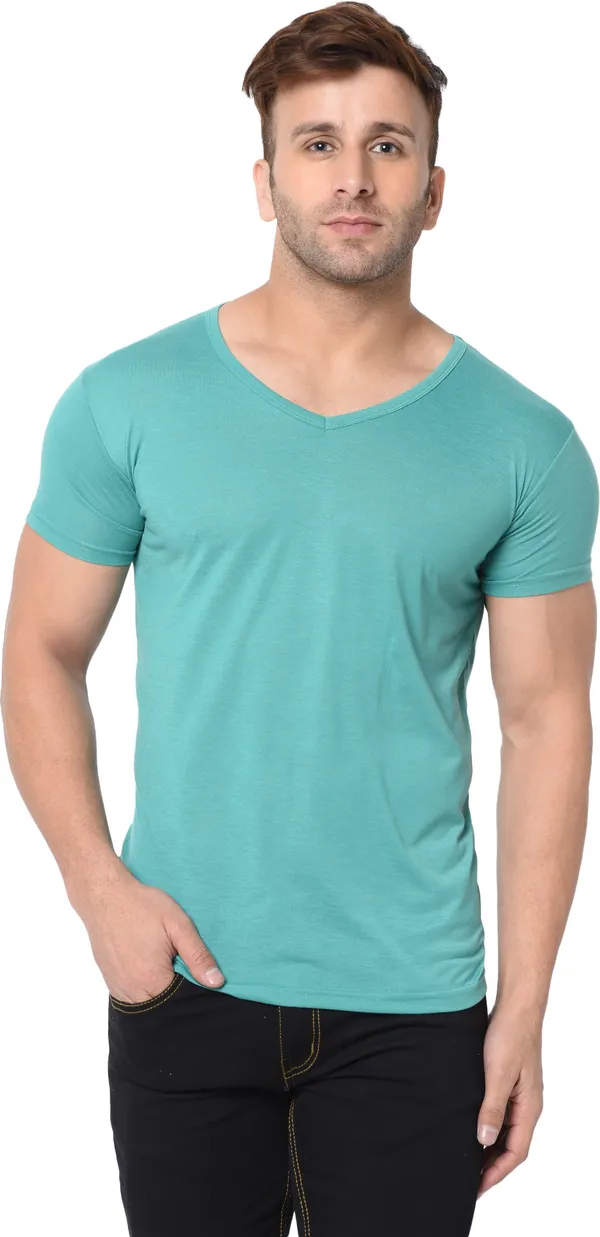 Light_Green_Cotton_Solid_V_Neck_Regukar_Fit_T-Shirt_For_Men