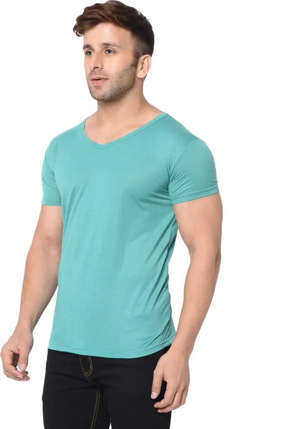Light_Green_Cotton_Solid_V_Neck_Regukar_Fit_T-Shirt_For_Men
