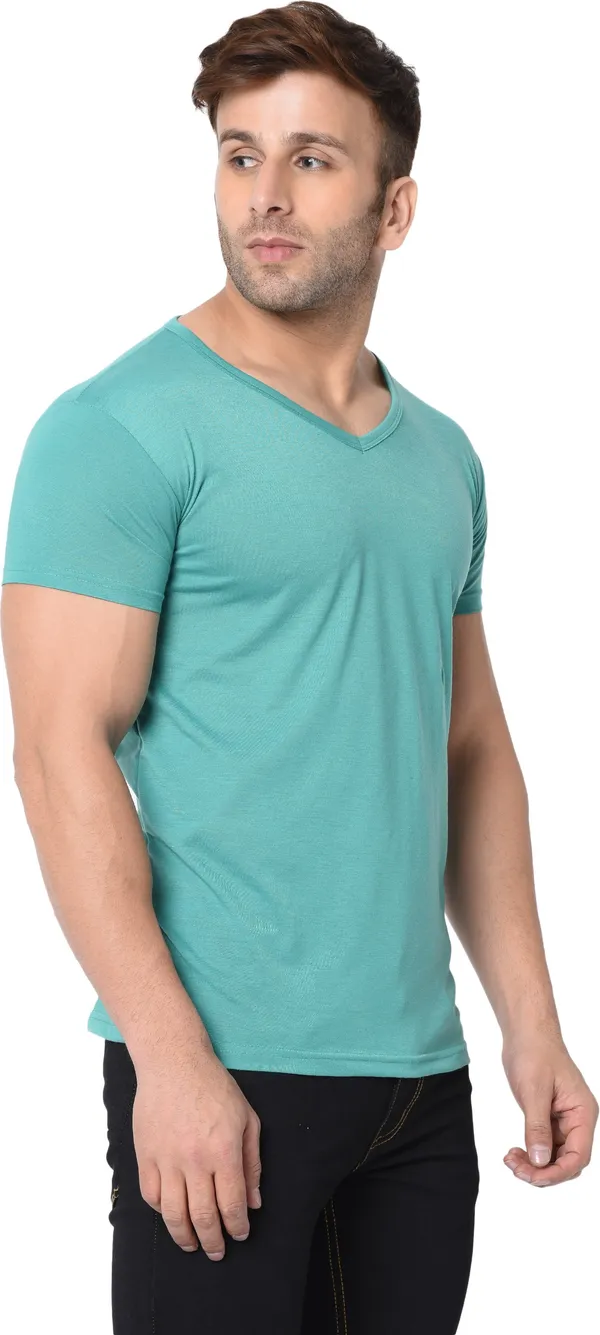 Light_Green_Cotton_Solid_V_Neck_Regukar_Fit_T-Shirt_For_Men