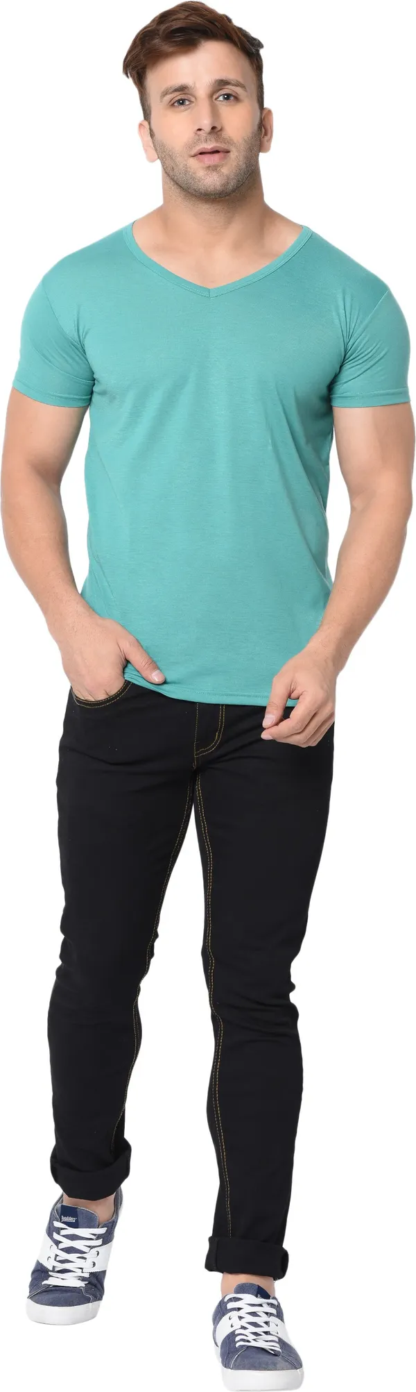 Light_Green_Cotton_Solid_V_Neck_Regukar_Fit_T-Shirt_For_Men