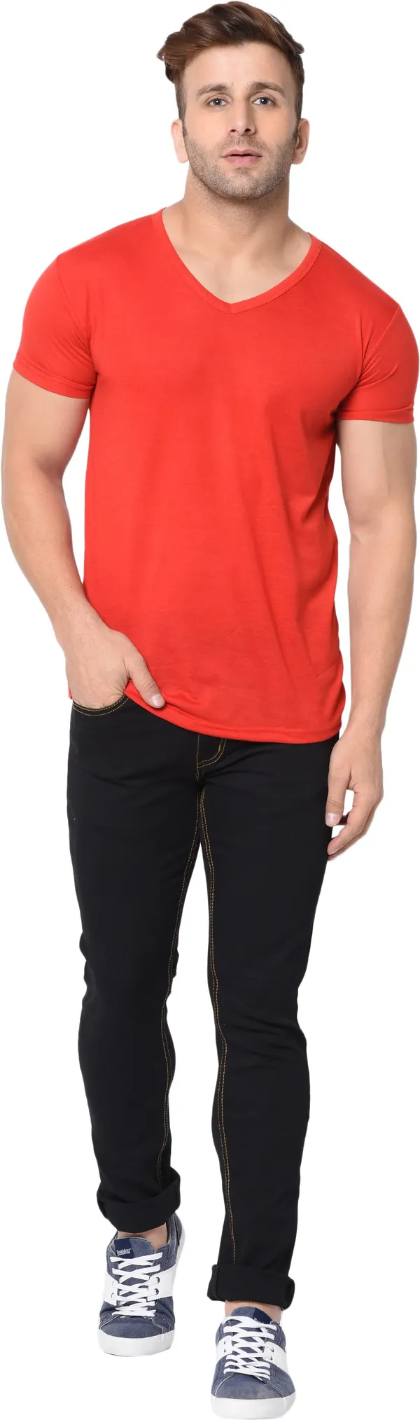 Red_Cotton_Solid_V_Neck_Regukar_Fit_T-Shirt_For_Men