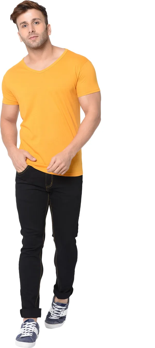 Yellow_Cotton_Solid_V_Neck_Regukar_Fit_T-Shirt_For_Men