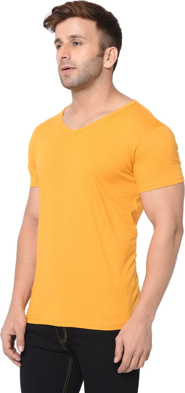 Yellow_Cotton_Solid_V_Neck_Regukar_Fit_T-Shirt_For_Men