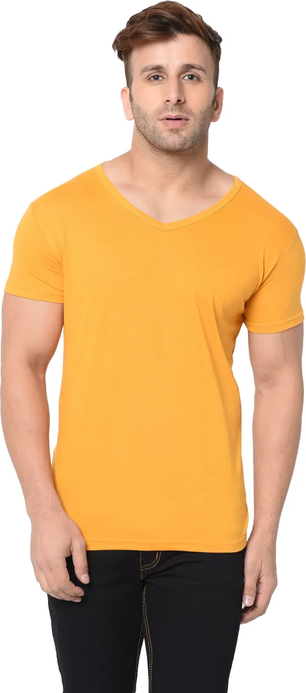 Yellow_Cotton_Solid_V_Neck_Regukar_Fit_T-Shirt_For_Men