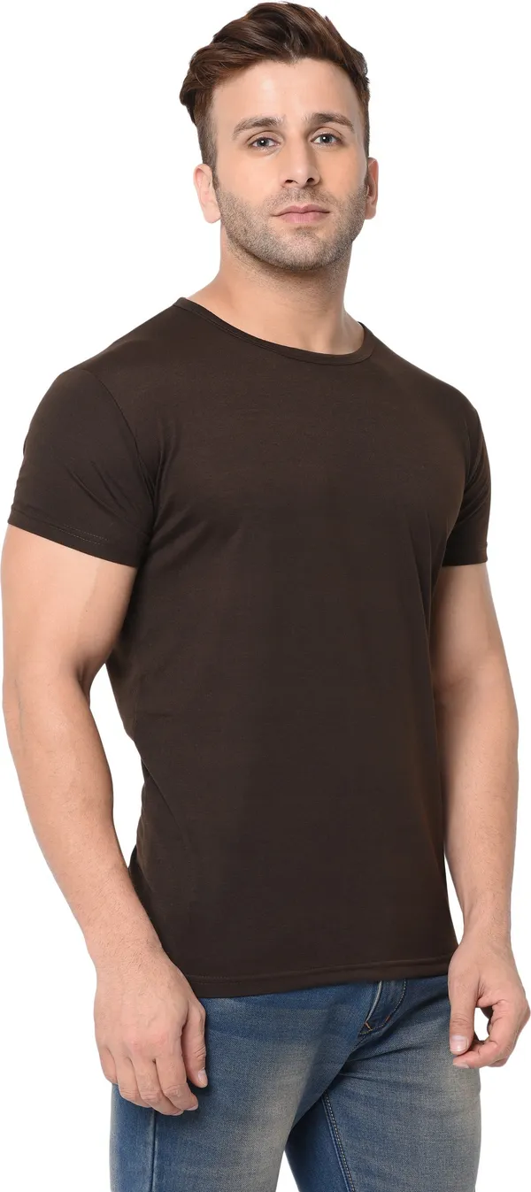 Brown_Cotton_Solid_Round_Neck_Regukar_Fit_T-Shirt_For_Men