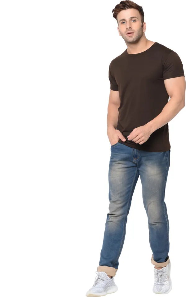 Brown_Cotton_Solid_Round_Neck_Regukar_Fit_T-Shirt_For_Men