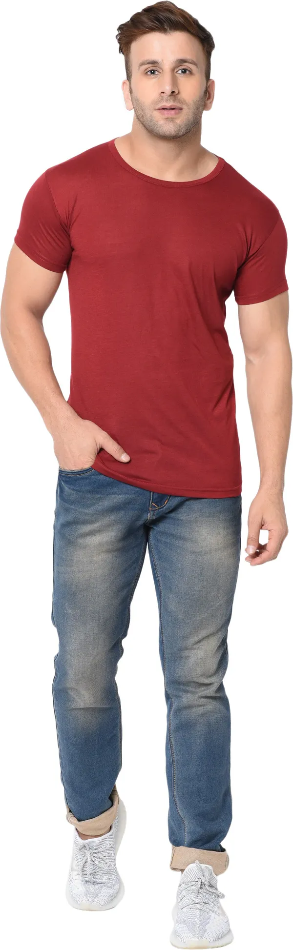Maroon_Cotton_Solid_Round_Neck_Regukar_Fit_T-Shirt_For_Men