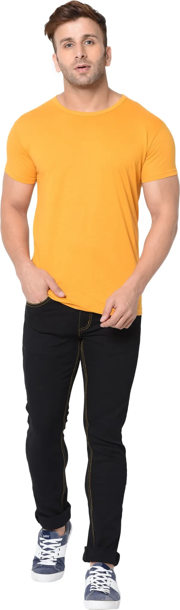 Yellow_Cotton_Solid_Round_Neck_Regukar_Fit_T-Shirt_For_Men