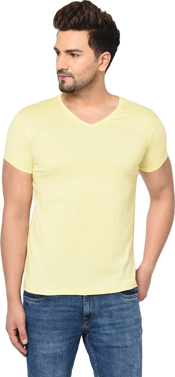 Yellow_Cotton_Solid_V_Neck_Regukar_Fit_T-Shirt_For_Men
