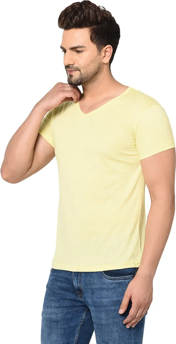 Yellow_Cotton_Solid_V_Neck_Regukar_Fit_T-Shirt_For_Men