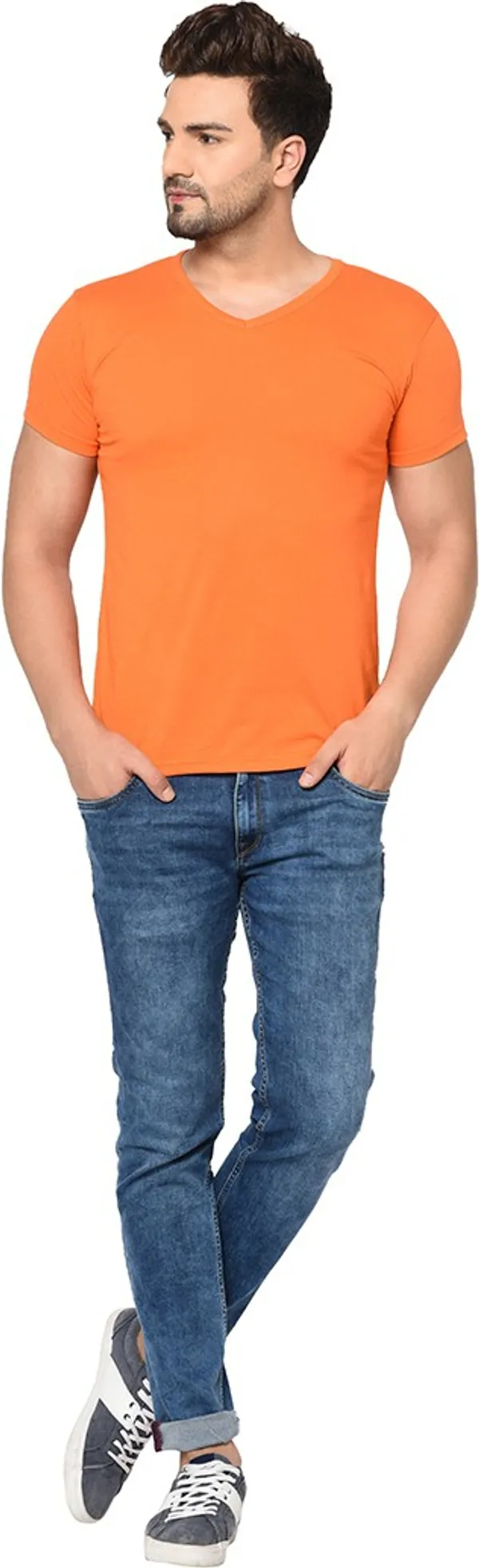 Orange_Cotton_Solid_V_Neck_Regukar_Fit_T-Shirt_For_Men