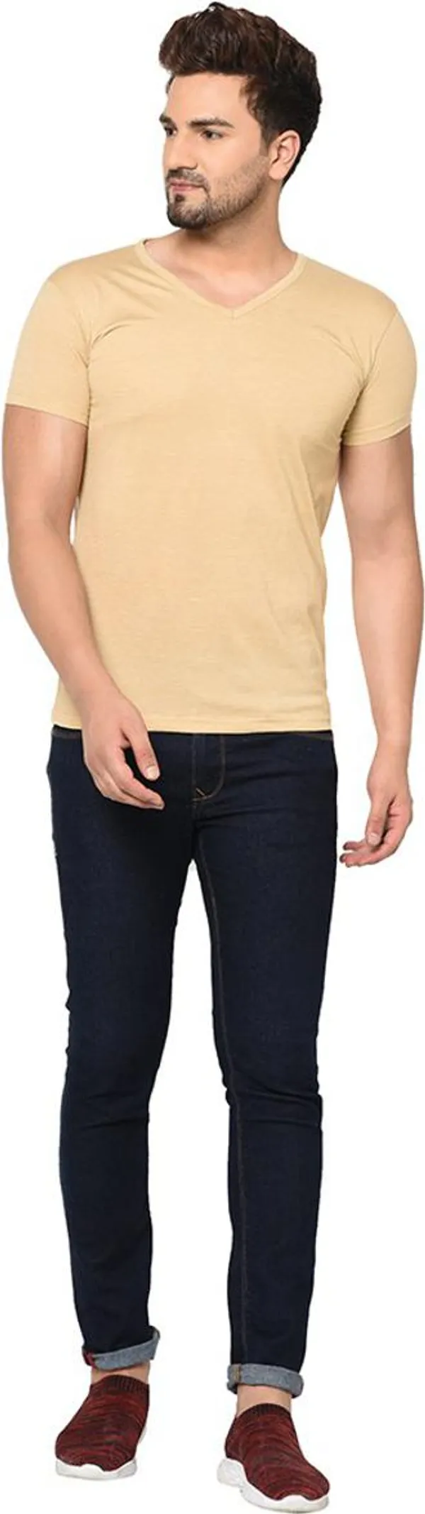 Beige_Cotton_Solid_V_Neck_Regukar_Fit_T-Shirt_For_Men