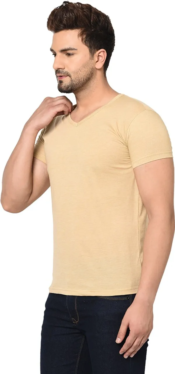 Beige_Cotton_Solid_V_Neck_Regukar_Fit_T-Shirt_For_Men