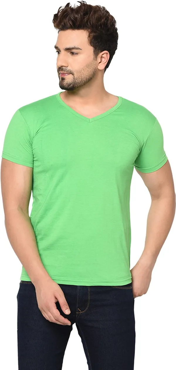 Green_Cotton_Solid_V_Neck_Regukar_Fit_T-Shirt_For_Men