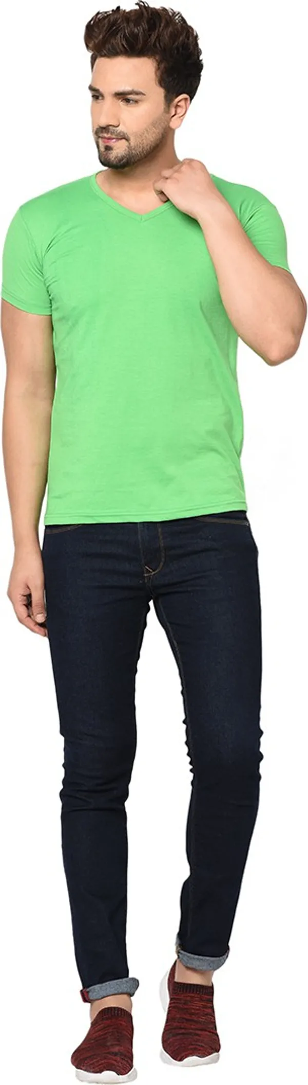 Green_Cotton_Solid_V_Neck_Regukar_Fit_T-Shirt_For_Men