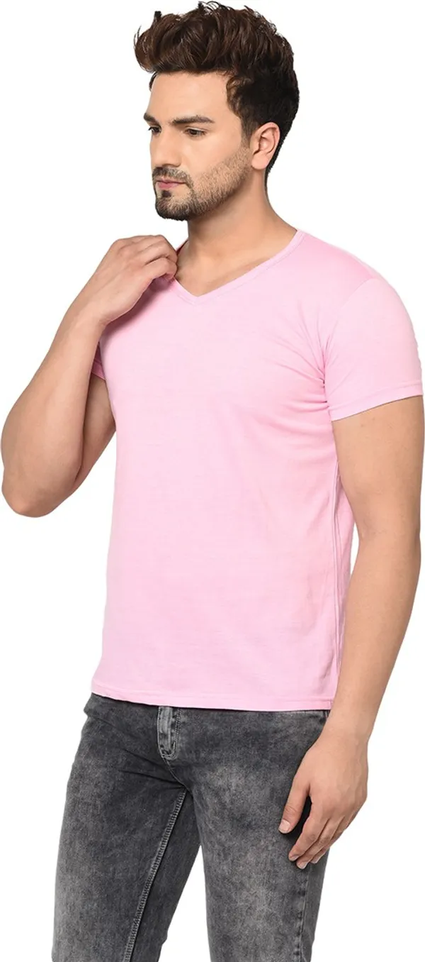 Pink_Cotton_Solid_V_Neck_Regukar_Fit_T-Shirt_For_Men