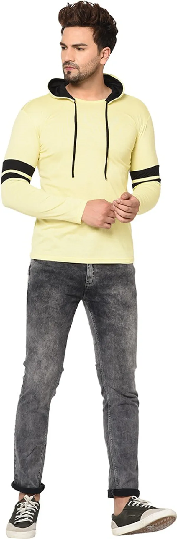 Yellow_Cotton_Solid_Hooded_Neck_Regukar_Fit_T-Shirt_For_Men
