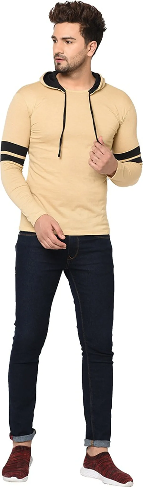 Beige_Cotton_Solid_Hooded_Neck_Regukar_Fit_T-Shirt_For_Men