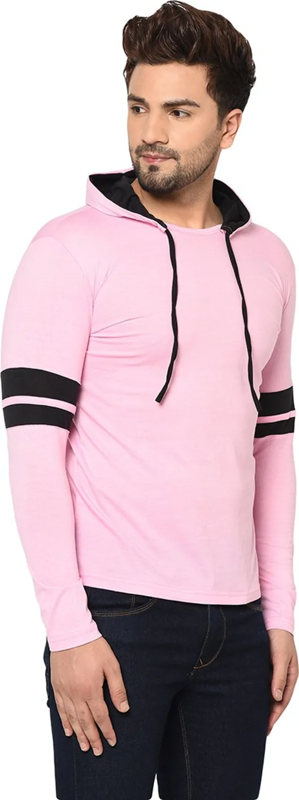 Pink_Cotton_Solid_Hooded_Neck_Regukar_Fit_T-Shirt_For_Men