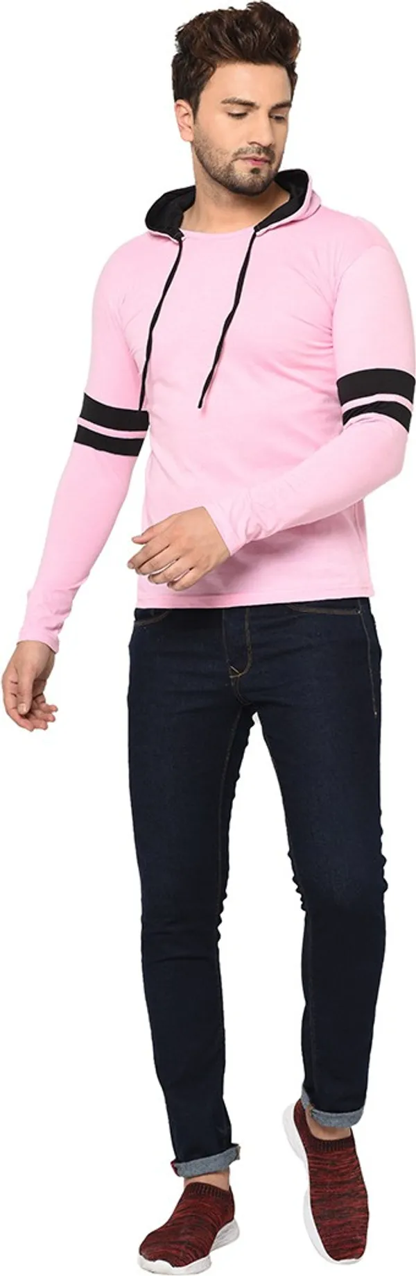 Pink_Cotton_Solid_Hooded_Neck_Regukar_Fit_T-Shirt_For_Men