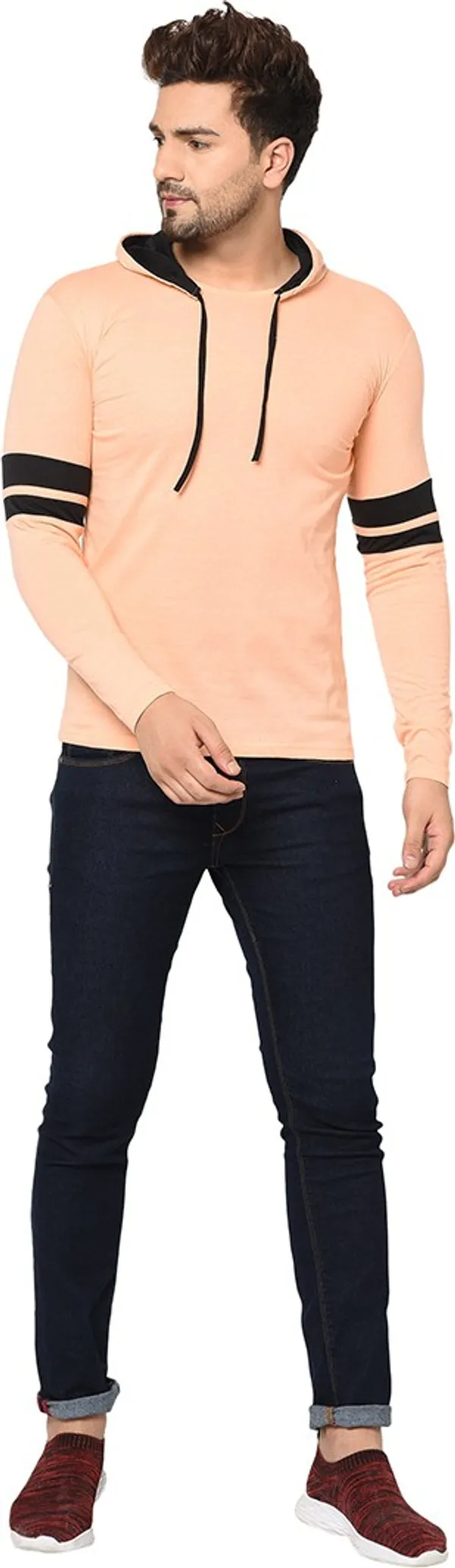 Beige_Cotton_Solid_Hooded_Neck_Regukar_Fit_T-Shirt_For_Men