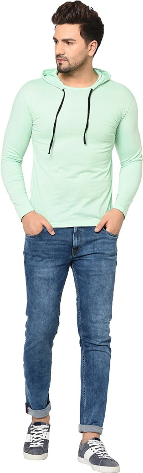 Green_Cotton_Solid_Men_Hooded_Neck_Regukar_Fit_T-Shirt_For_Men