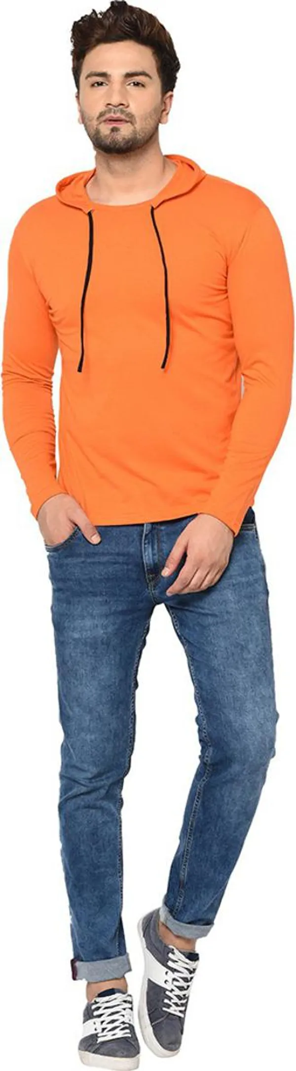 Orange_Cotton_Solid_Hooded_Neck_Regukar_Fit_T-Shirt_For_Men