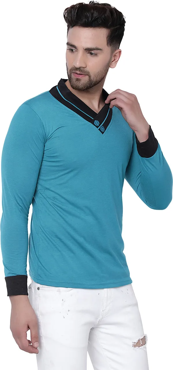 Dark_Blue_Cotton_Solid_Shawl_Neck_Regukar_Fit_T-Shirt_For_Men