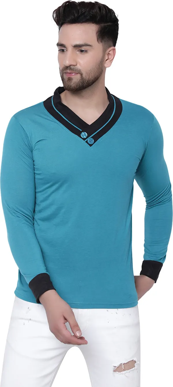 Dark_Blue_Cotton_Solid_Shawl_Neck_Regukar_Fit_T-Shirt_For_Men