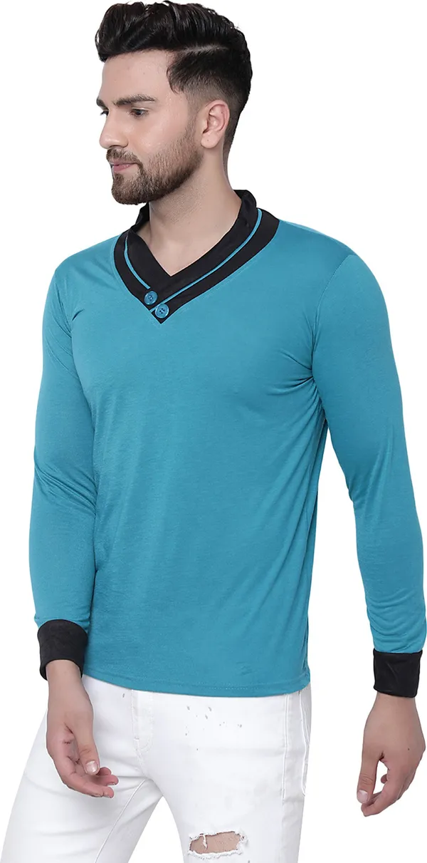 Dark_Blue_Cotton_Solid_Shawl_Neck_Regukar_Fit_T-Shirt_For_Men