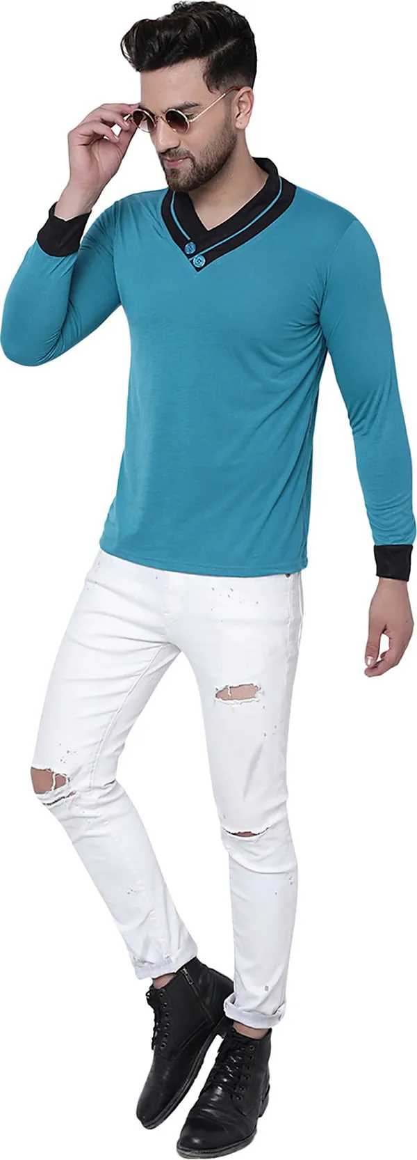 Dark_Blue_Cotton_Solid_Shawl_Neck_Regukar_Fit_T-Shirt_For_Men