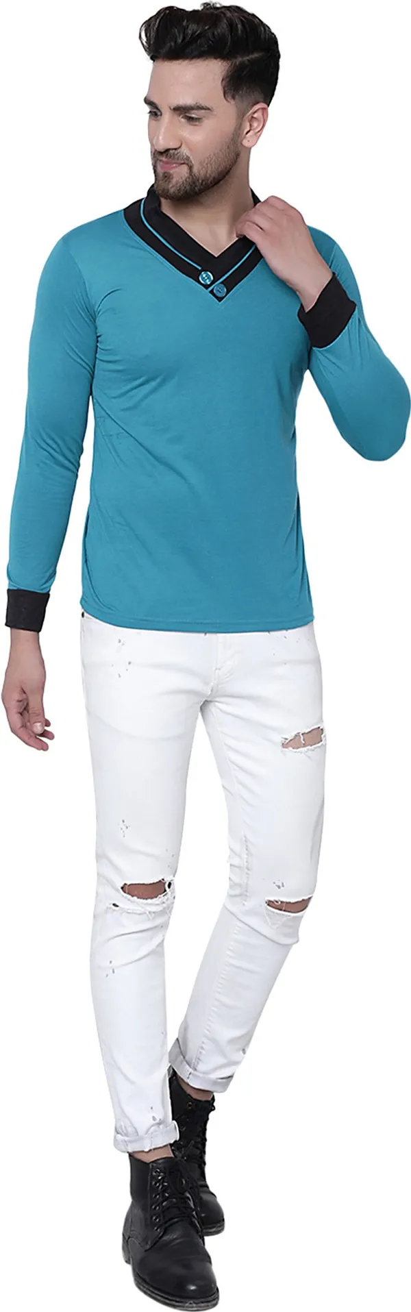 Dark_Blue_Cotton_Solid_Shawl_Neck_Regukar_Fit_T-Shirt_For_Men