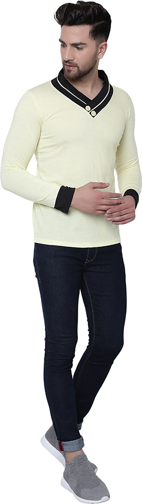 Yellow_Cotton_Solid_Shawl_Neck_Regukar_Fit_T-Shirt_for_men