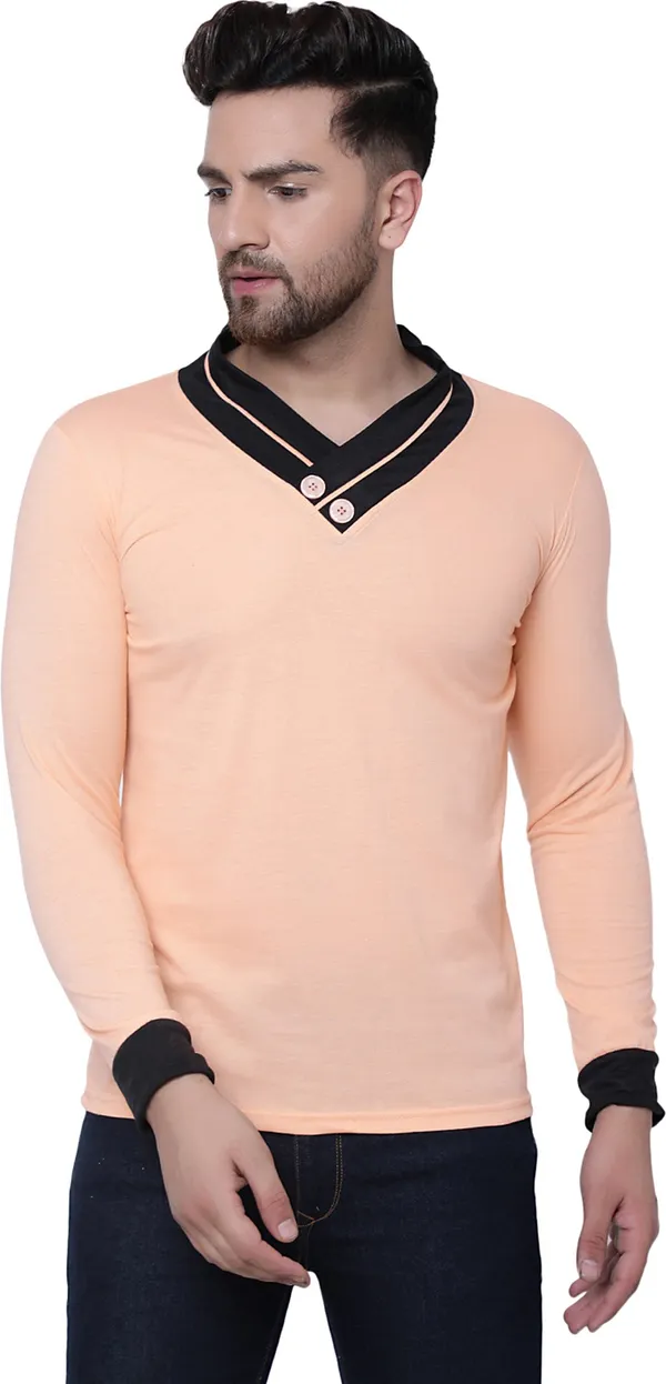 Beige_Cotton_Solid_Shawl_Neck_Regukar_Fit_T-Shirt_For_Men