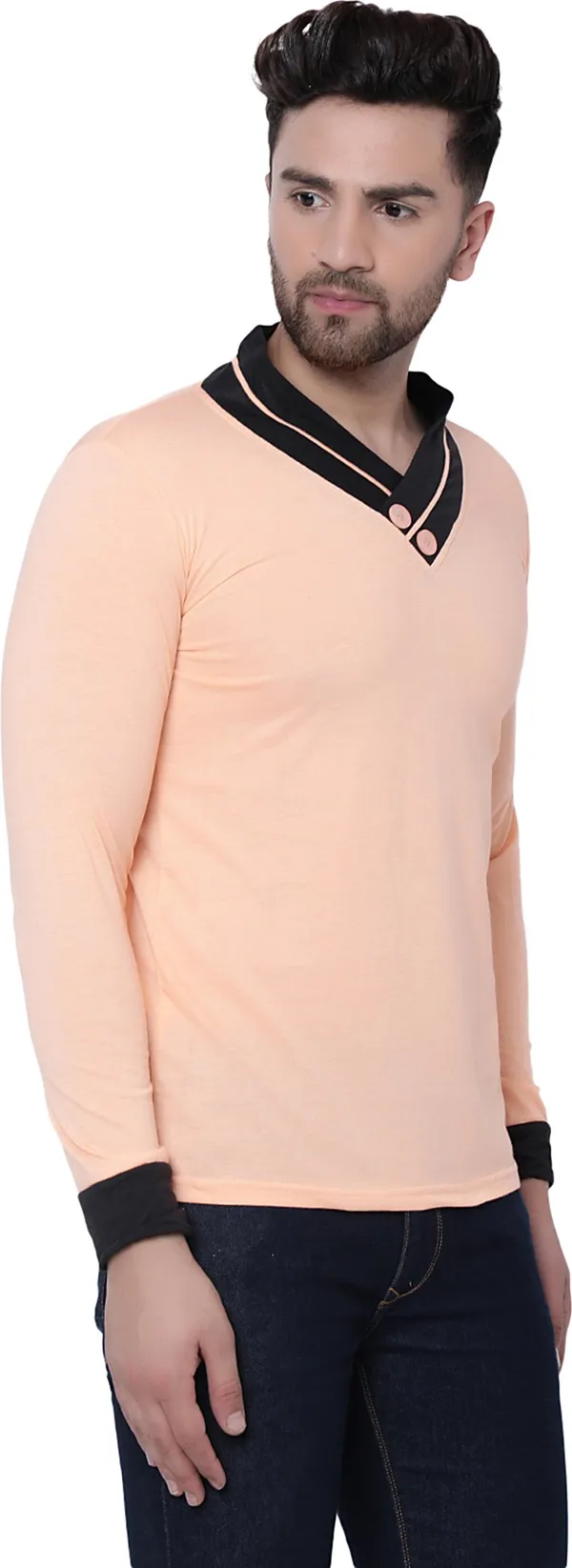 Beige_Cotton_Solid_Shawl_Neck_Regukar_Fit_T-Shirt_For_Men