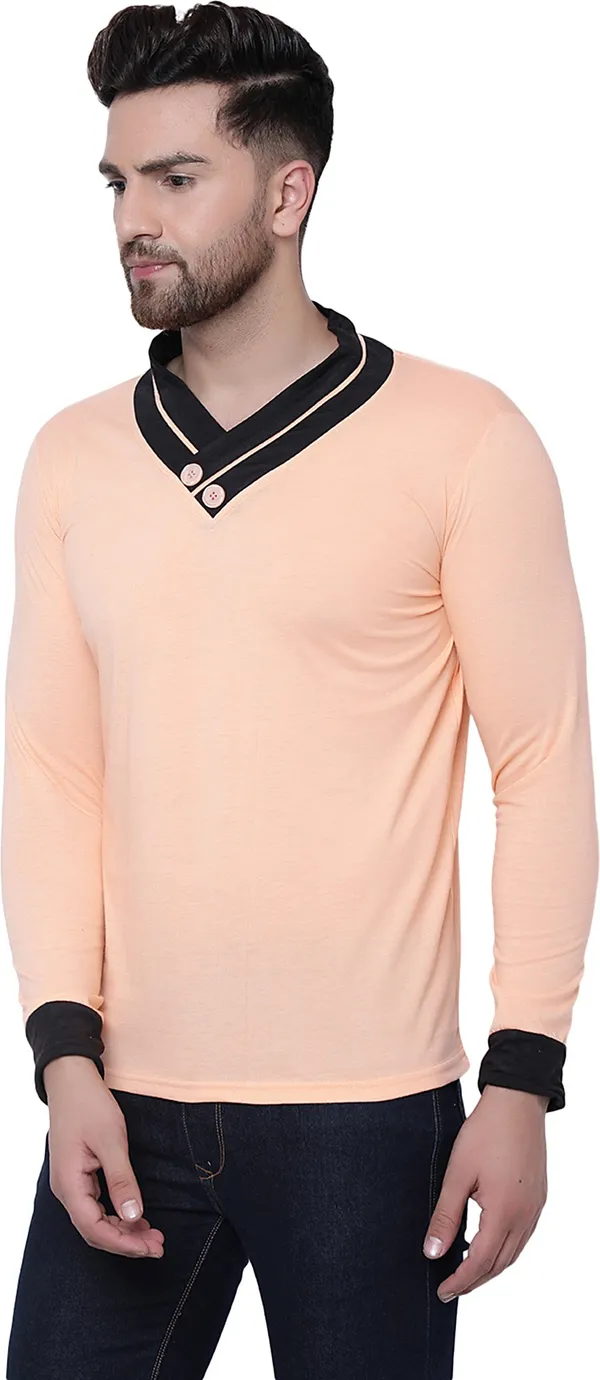 Beige_Cotton_Solid_Shawl_Neck_Regukar_Fit_T-Shirt_For_Men