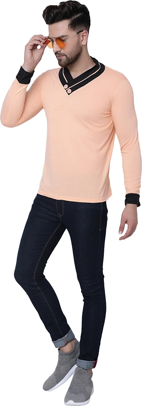 Beige_Cotton_Solid_Shawl_Neck_Regukar_Fit_T-Shirt_For_Men