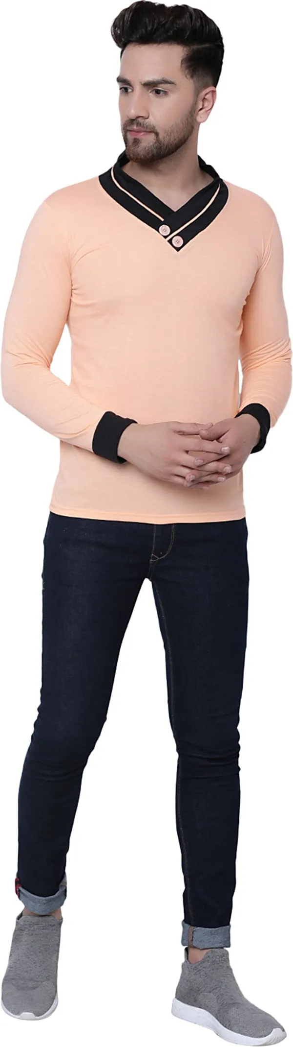 Beige_Cotton_Solid_Shawl_Neck_Regukar_Fit_T-Shirt_For_Men
