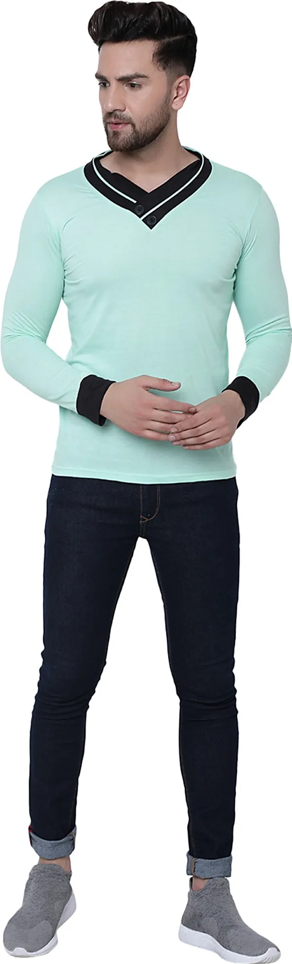 Green_Cotton_Solid_Shawl_Neck_Regukar_Fit_T-Shirt_for_men