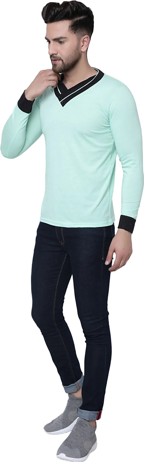 Green_Cotton_Solid_Shawl_Neck_Regukar_Fit_T-Shirt_for_men
