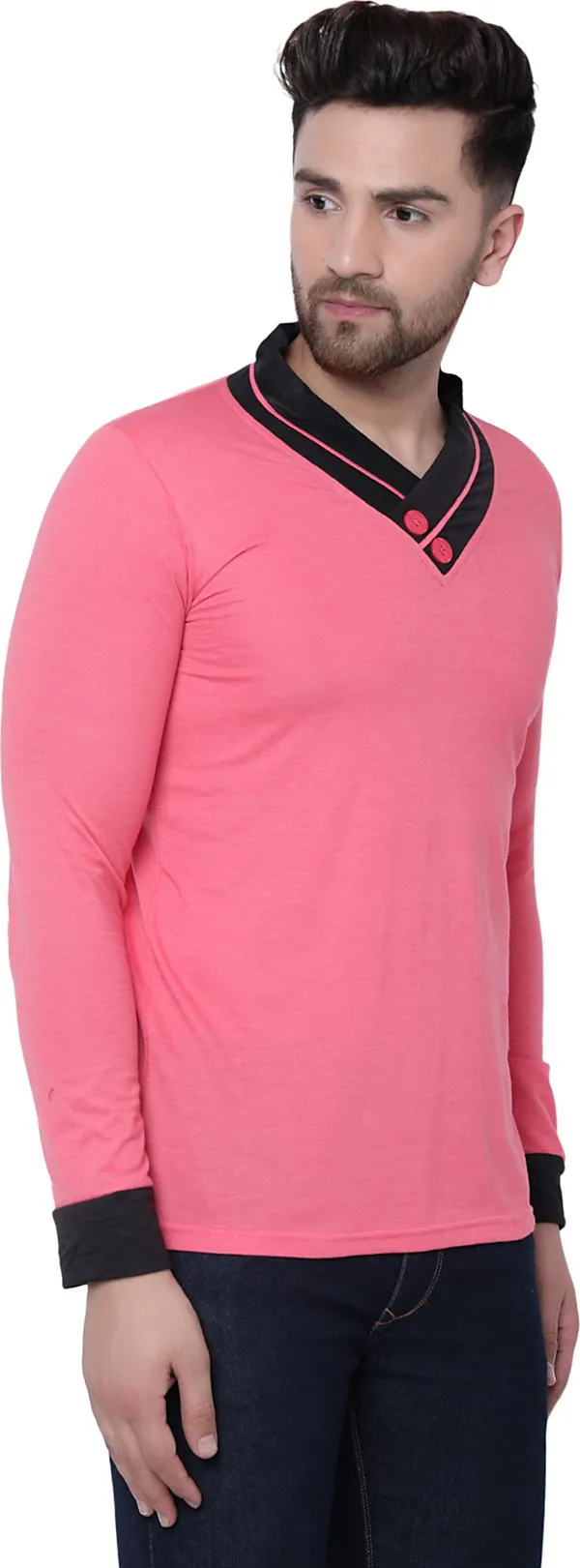 Pink_Cotton_Solid_Shawl_Neck_Regukar_Fit_T-Shirt_For_Men
