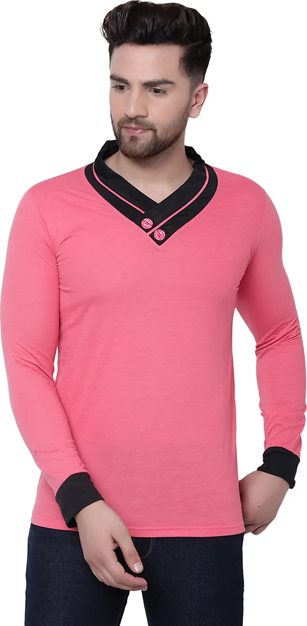 Pink_Cotton_Solid_Shawl_Neck_Regukar_Fit_T-Shirt_For_Men