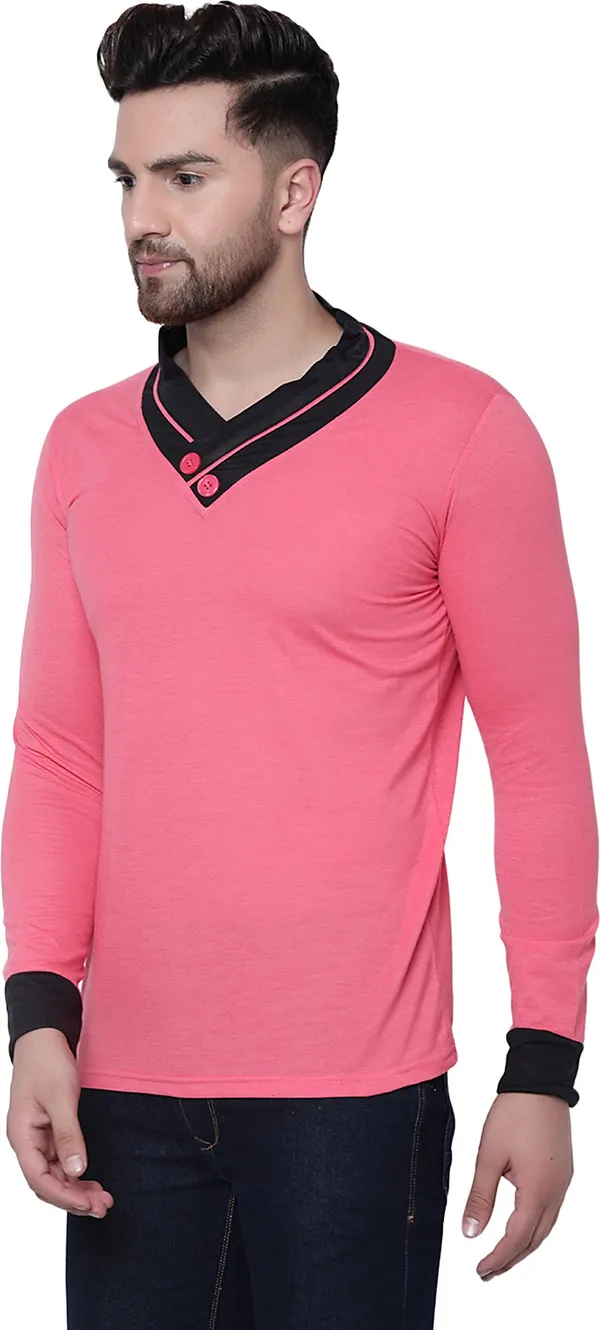 Pink_Cotton_Solid_Shawl_Neck_Regukar_Fit_T-Shirt_For_Men