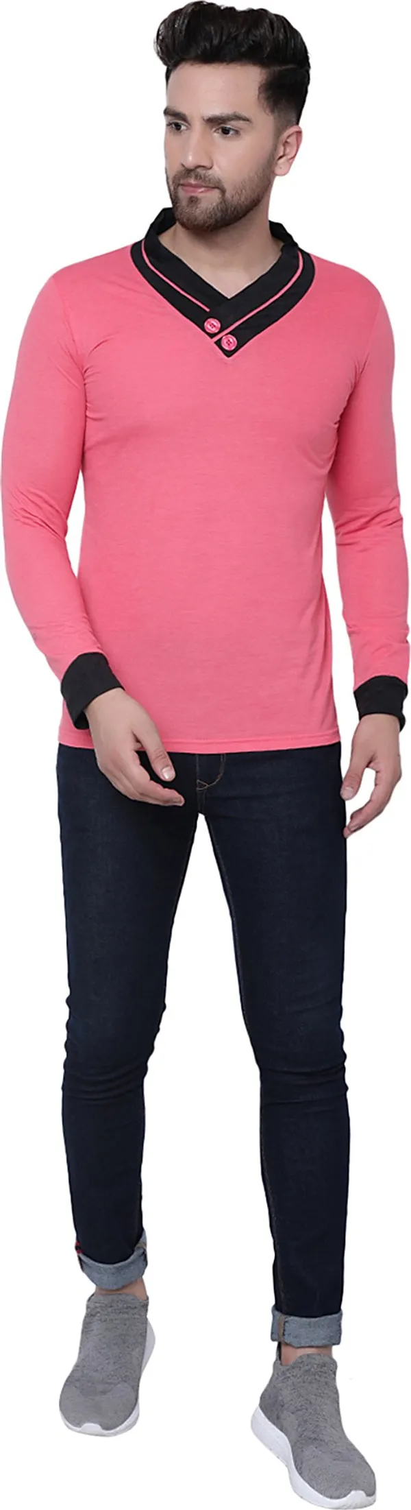 Pink_Cotton_Solid_Shawl_Neck_Regukar_Fit_T-Shirt_For_Men